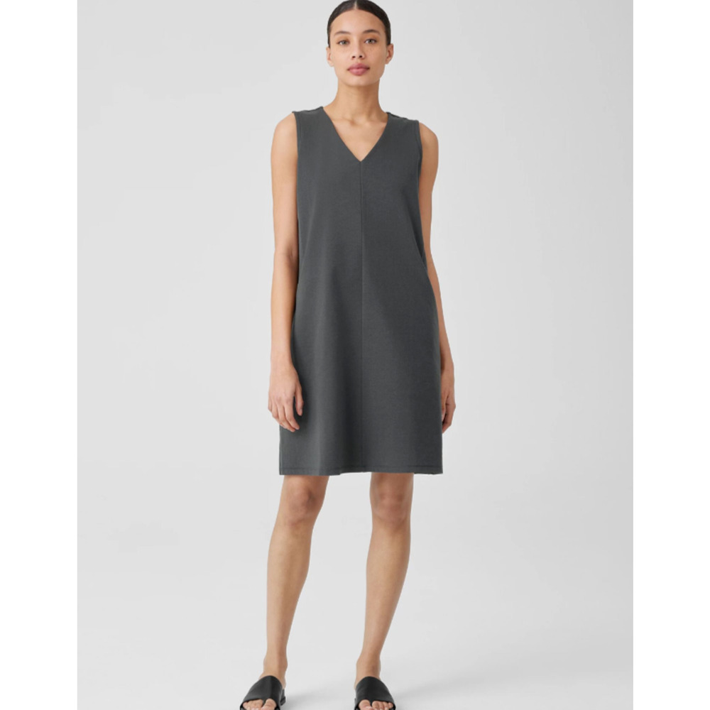 Eileen Fisher M Dress Dark Gray V Neck Sheath Sleeveless Relaxed Fit Lined